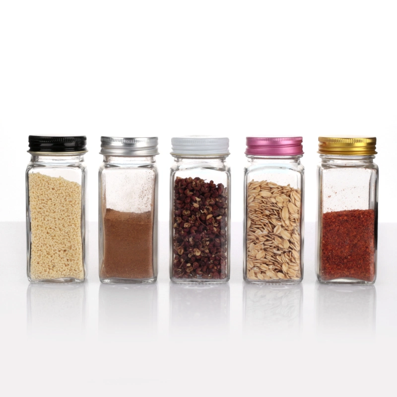 4oz Square Seasoning Chili Condiment Glass Spice Jar and Container with Tin Aluminum Bamboo Lids with Shaker &amp; Funnel