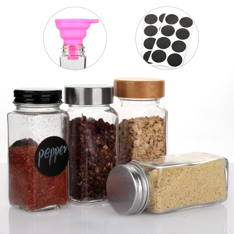 4oz Square Seasoning Chili Condiment Glass Spice Jar and Container with Tin Aluminum Bamboo Lids with Shaker &amp; Funnel