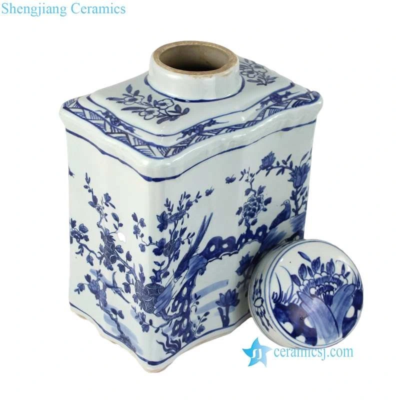 Blue and White Antique Flower Bird Rectangular Landscape Ceramic Storage Jars Lidded