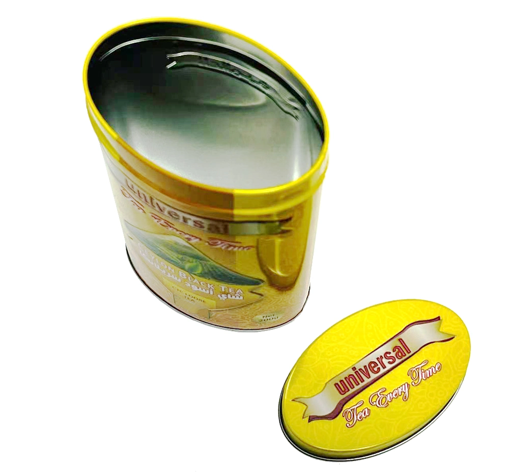 Factory Wholesale Tinplate Packaging Oval Shape Metal Box Container Black Tea Tin Can for Tea