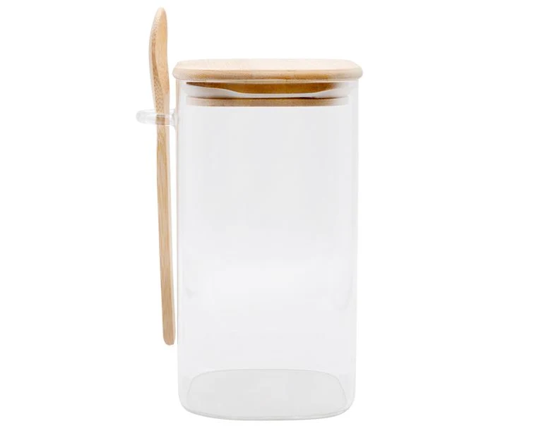 High Capacity Rectangular Prism Glass Food Jar with Bamboo Lid and Spoon