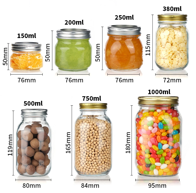 Custom Printed 150ml 250ml 380ml 500ml 750ml Large Clear Glass Mason Jar for Jam