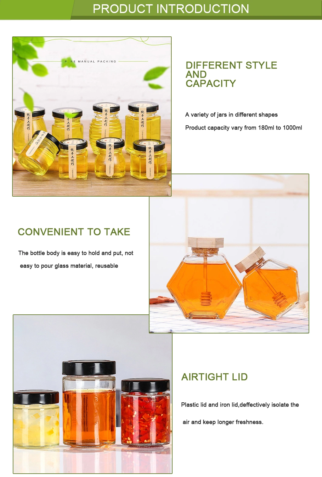 China Hexagon, Square, Round High Borosilicate Glass Jar Manufacturer for Honey/Jam/Pickle/Coffee/Candle/Mason/Pudding/Yogurt/Grain/Pasta/Kitchen Food Storage