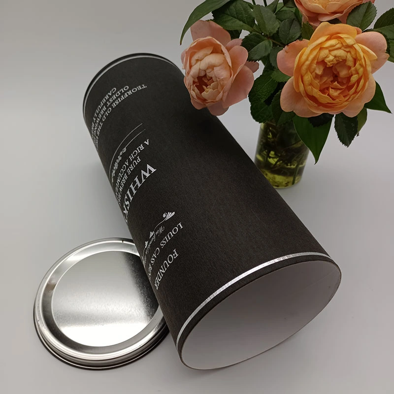 Customized Black Cylinder Shape Paper Round Packaging Box Tube Cardboard Composite Can with Metal Tinplate Base and Lid