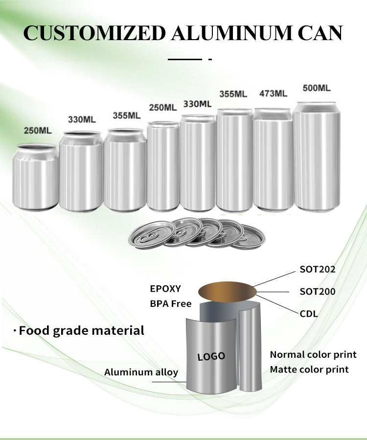 Epoxy Bpani Lining Blank Printed Food Grade 180 250 330 500ml 12 16oz Easy Open Food Beverage Coffee Aluminum Can