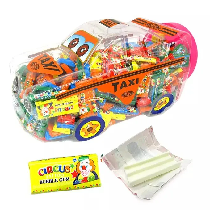 Hot Sale High Quality Square Fruit Vc Bubble Gum with Tattoo in Car Shape Jar Candy