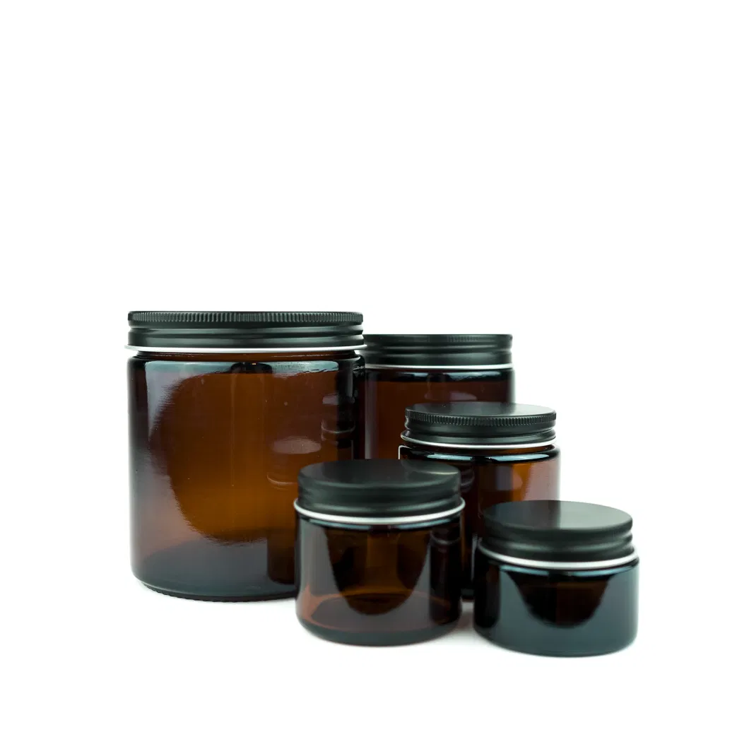 Wide Mouth Glass Amber Jar, Empty Round Jars for Beauty Cosmetic Products, Lotion, and Powders Black Lid Small Candle Packaging