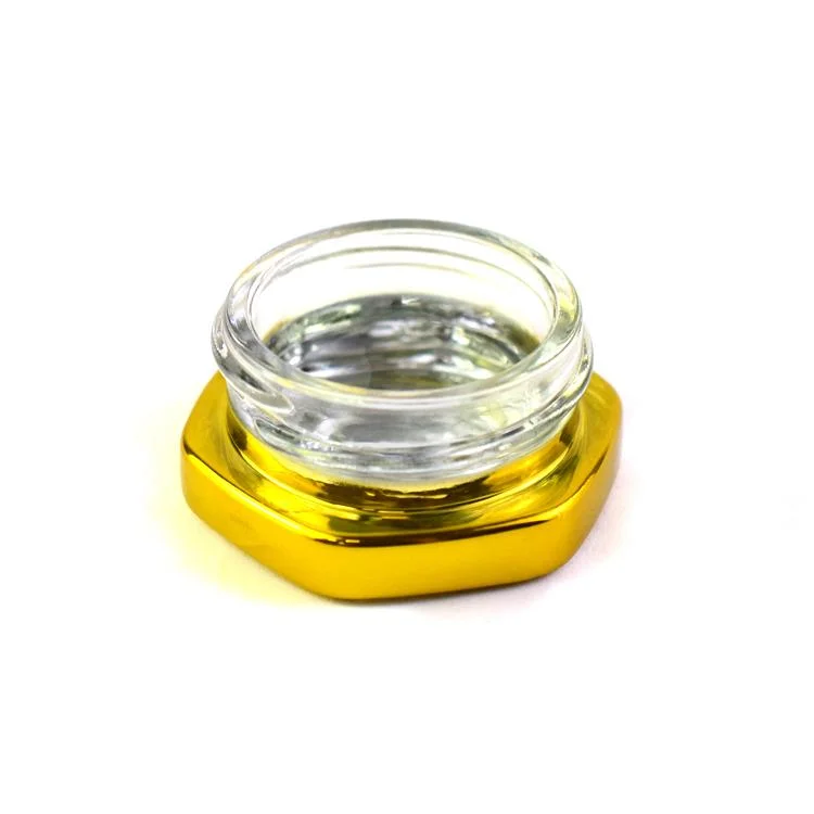 5g Electroplate Hexagon Concentrate Container with Cr Lid Luxury Packaging Glass Jars Gold Color Thick Wall with Customized