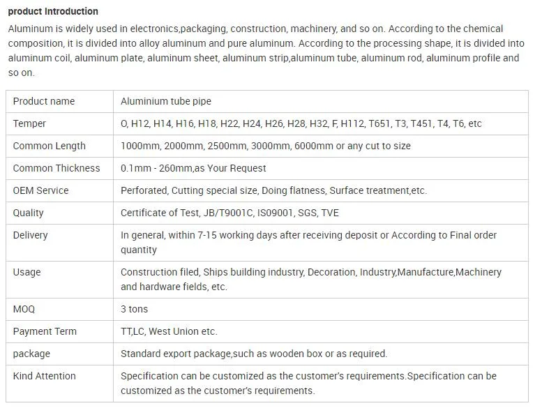 Price Per Kg Supplier Round Tubing 6063 T5 6061 T6 5083 3003 2024 Anodized Round Pipe 7075 T6 Aluminum/Aluminium Alloy Tube