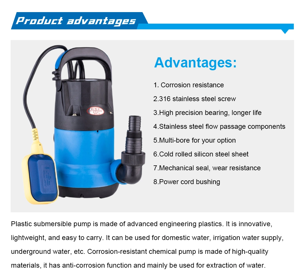 750W Tfsp Corrosion Resistant Plastic Submersible Chemical Pump for Domestic