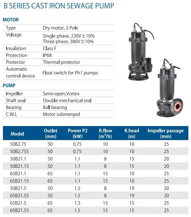 Wassermann Cast Iron Submersible Resin Sewage Water Pump Stainless Steel Vortex Wastewater Pump with Grinder Cutter