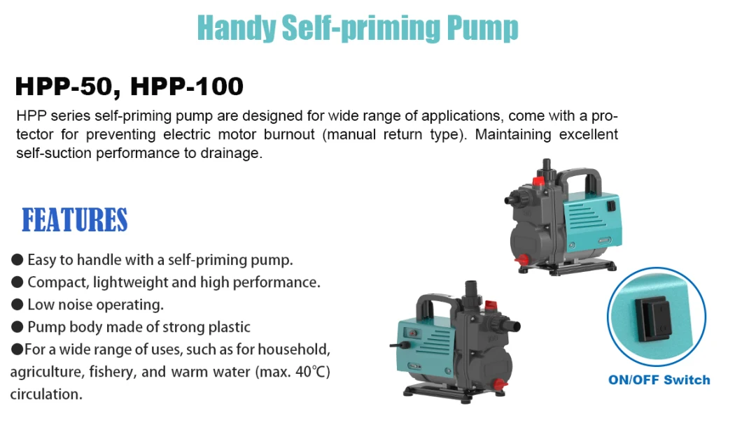Small Strong Plastic Handy Self-Priming Centrifugal Water Drainage Water Supply Surface Pump for Fish Ponds Swimming Pools Aquariums (HPP-50/100)
