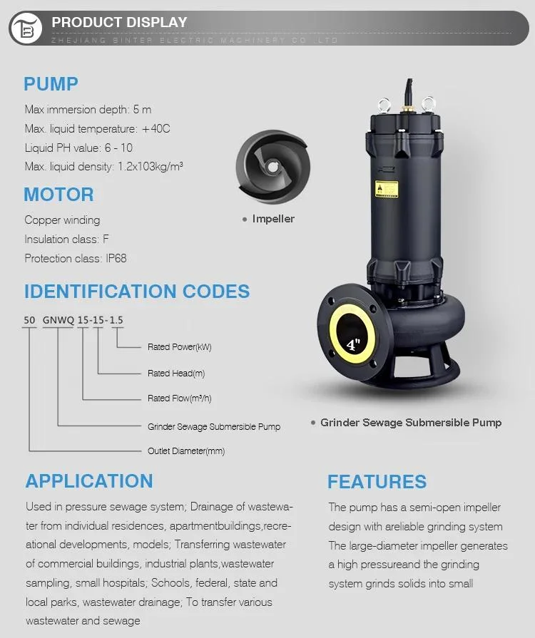 3 Inch 80gnwq80-18-7.5 Cutting Type Industrial Waste Water Sewage Submersible Automatic Pump