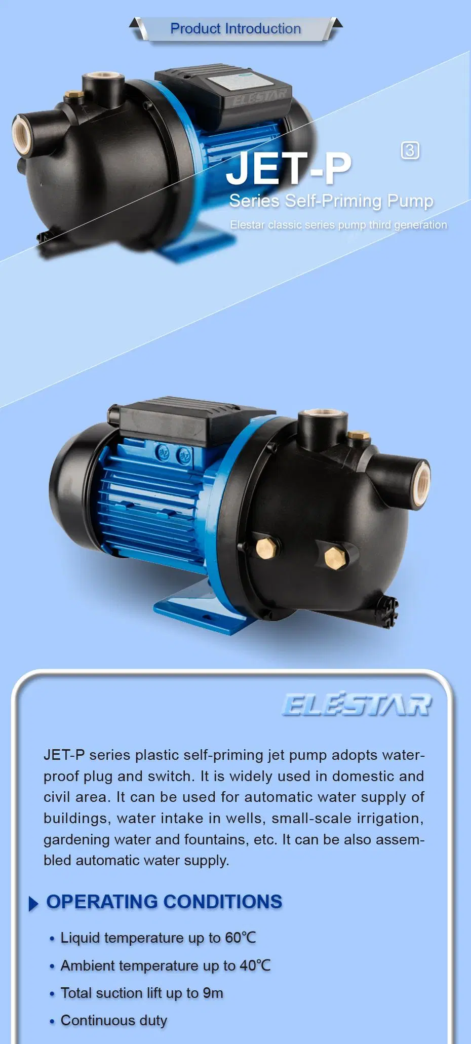 New Model Plastic Heat Protection Electric Water 50Hz 0.75HP Self Priming Pump