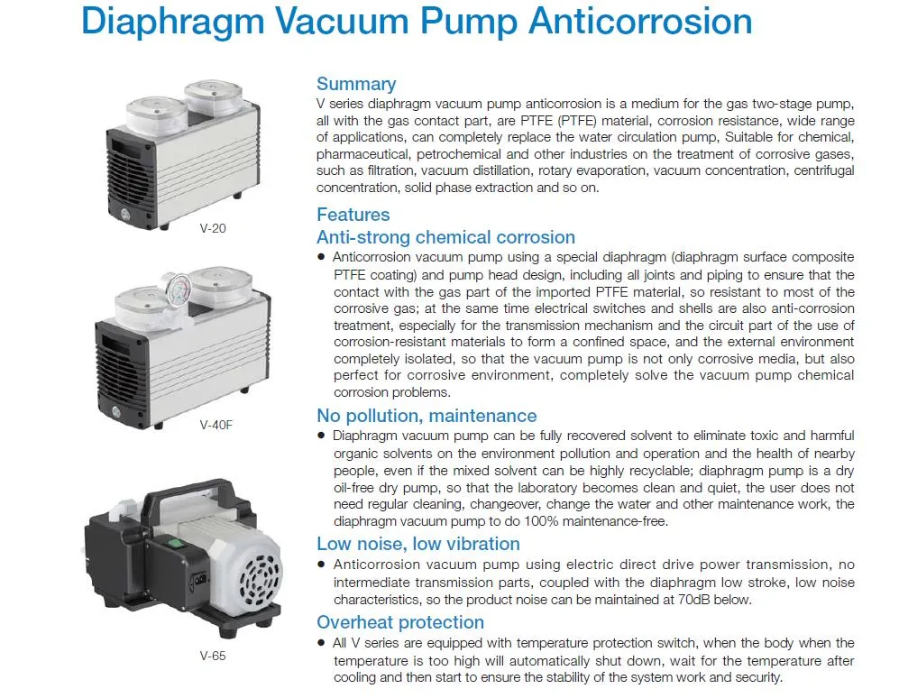 V-20 Internal PTFE Material Corrosion Resistant Lab Diaphragm Vacuum Pump