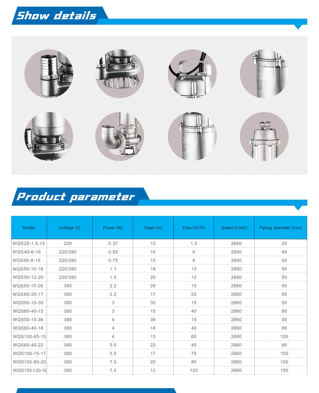 370W Full Stainless Steel Sewage Submersible Chemical Pump with Corrosion Resistant