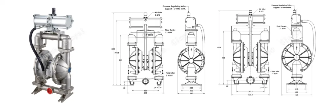 High Flow Industrial Chemical Pneumatic Food Grade Diaphragm Water Mine Use Pump