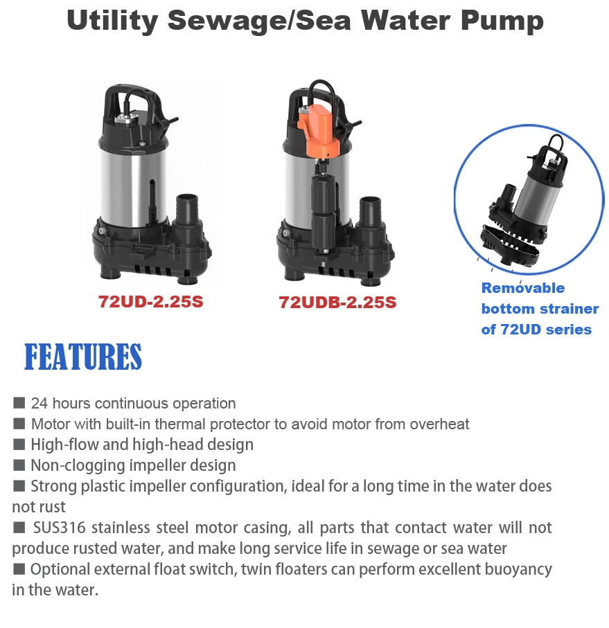 250W Non-Clogging Livestock Factory Dirty Water Discharge Electric Stainless Steel Centrifugal Submersible Wastewater Draiange Pump with Twin Floaters