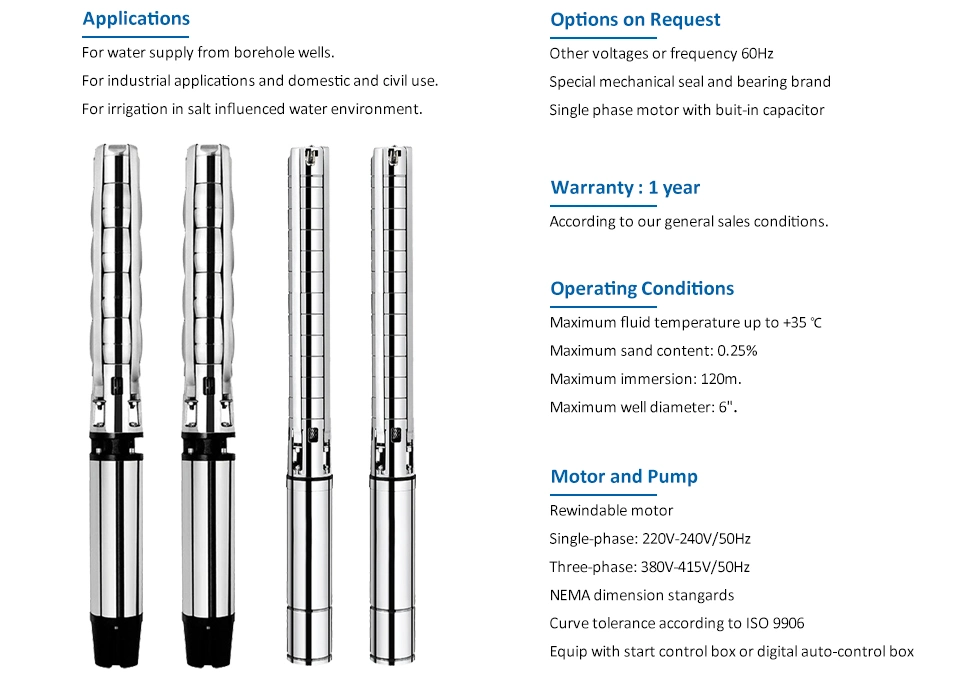 6sp Electric 6 Inch Borehole Clean Water High Pressure Stainless Steel Deep Well Submersible Water Pump