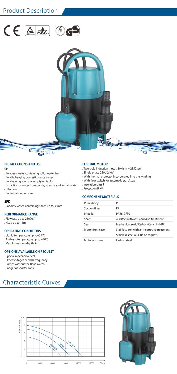 Rainwater Garden Collection Plastic Electric Centrifugal Submersible Dirty Water Pump