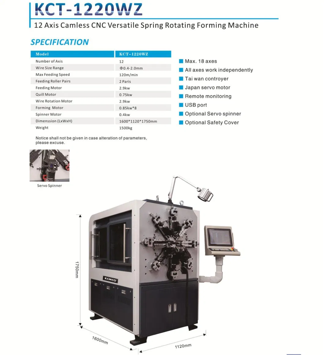 Custom Compression Springs Top Supplier KCMCO KCT-1220WZ 12 Axis Camless Spring Macine with Wire Feeding Sytem