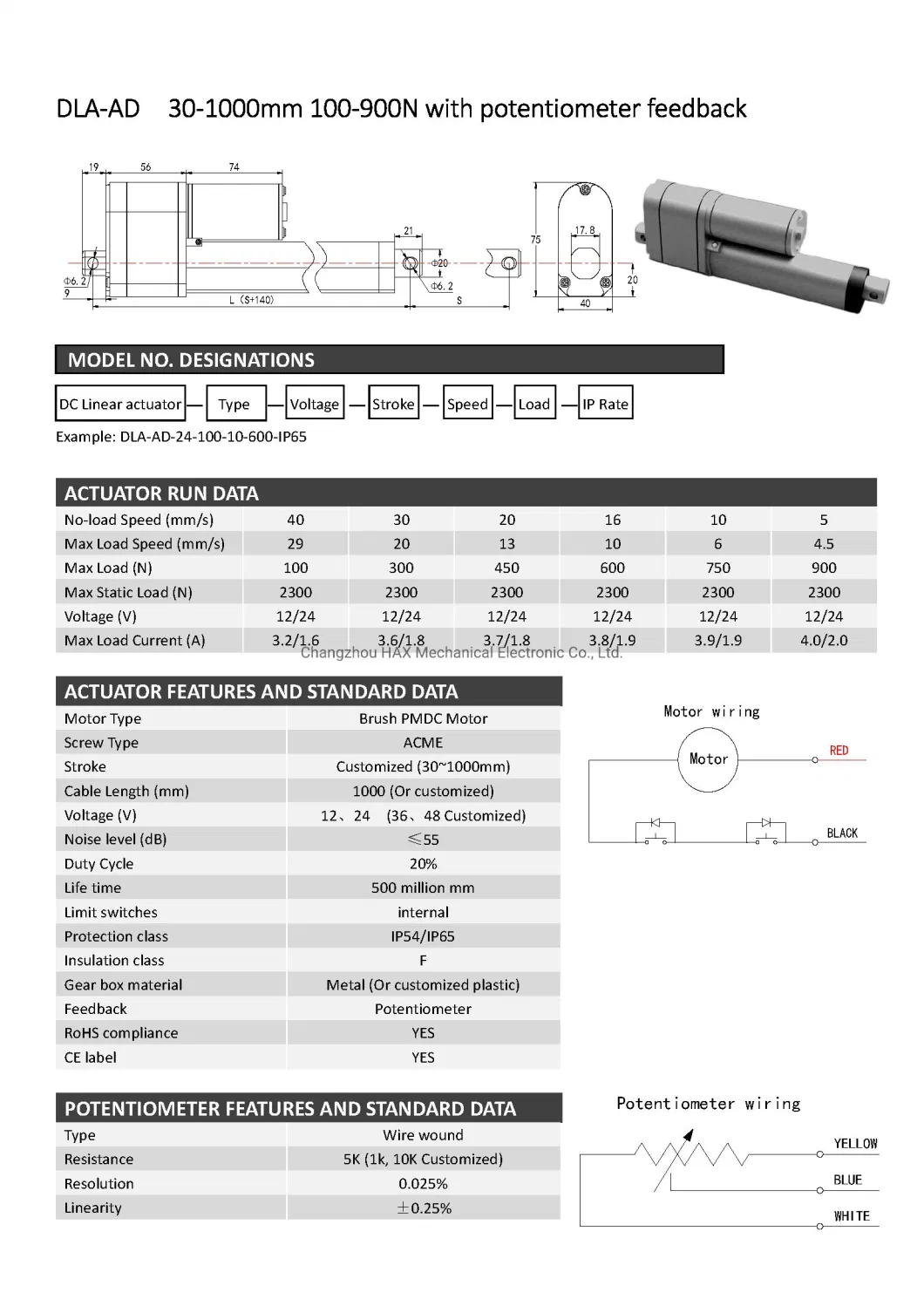 China DC 12V 24V Linear Actuators Motor Feedback Potentiometer 900n