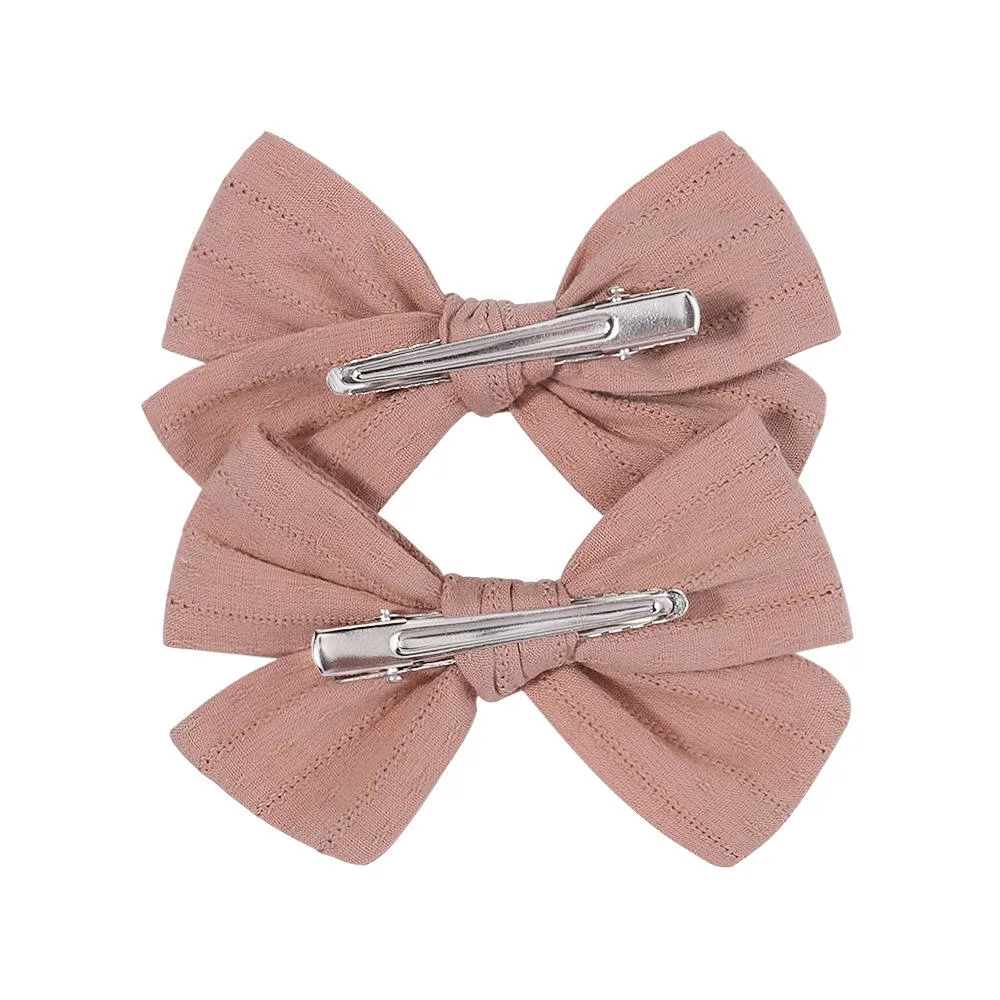 2PCS Sweet Solid Color Embroidery Bows Hair Clips for Kids Girls Cotton Bowknot Hairpins Safety Clips Baby Hair Accessories