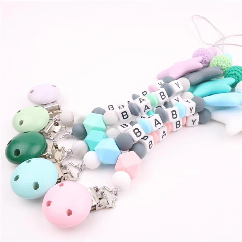 Custom Silicone Teething Beads Baby Gift Newborn Pacifier Clip Chain Safety Health Cute Ribbon Plastic Clip Colorful Baby Pacifier Chain Clip