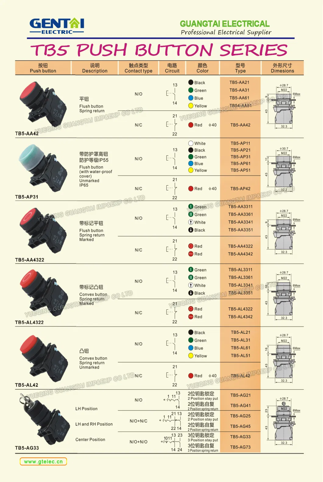 Electrical Flush Push Button Switch/Spring Return Tb5-AA31