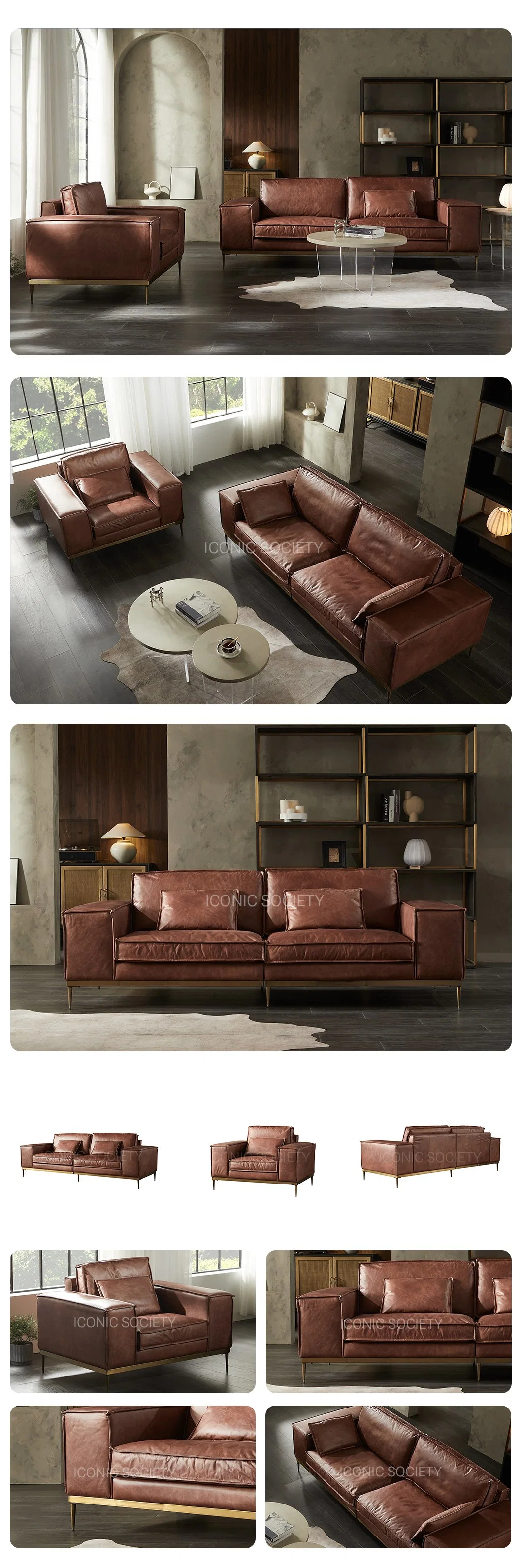 Modern Home Decoration Hotel Living Room Sofa Set with Metal Frame Vintage Sectional Sitting Room Couch Genuine Leather Sofa Furniture