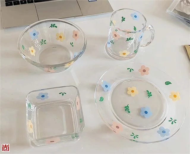 Set of 4 Glass Cup, Glass Bowl, Glass Plate etc Glassware with Spring Decal