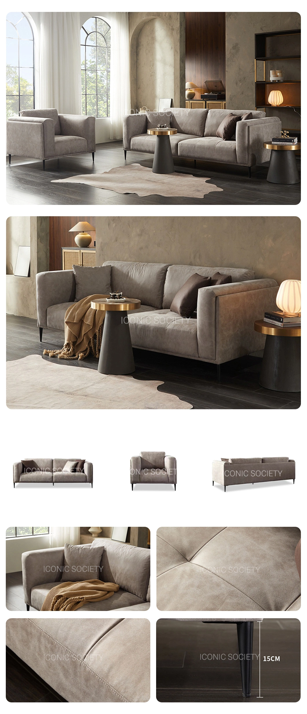 Modern Villa Home Furniture Metal Legs Foam Hotel Office Leisure Couch Velvet Fabric Sofa