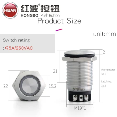 Long Thread Thread Type Push Switch 19mm Flat Head Ring LED Ss Shell Momentary off Button for Thick Panel
