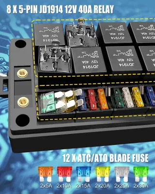 Pre-Wired Fuse Relay Box Waterproof, 8 5-Pin Jd1914 Relay Slots and 12 Atc ATO Fuse Holder, with 8 5-Pin Relays and 12 Fuses, 12V Relay Fuse Block for Car Truck