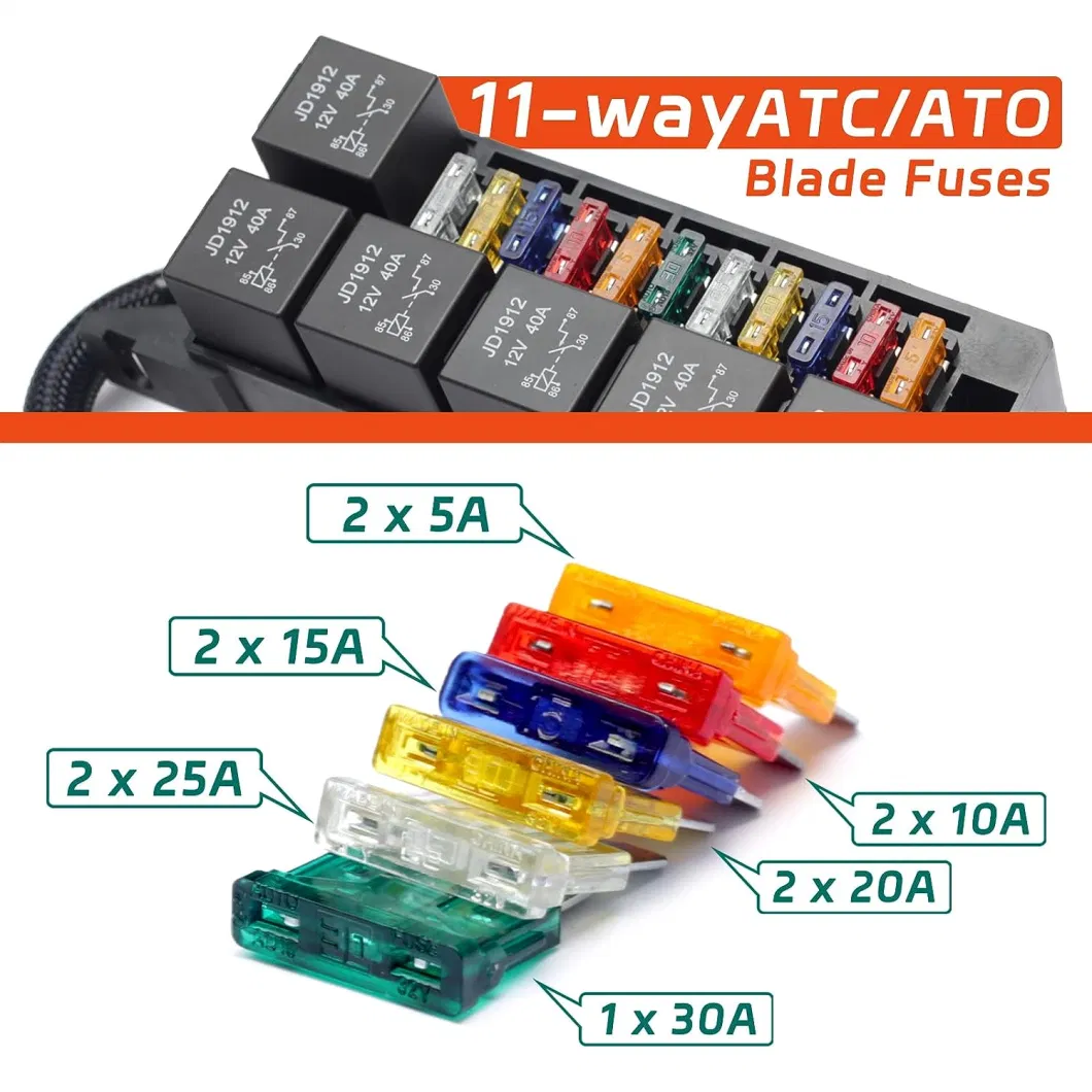 Pre-Wired Fuse Relay Box Waterproof, 8 5-Pin Jd1914 Relay Slots and 12 Atc ATO Fuse Holder, with 8 5-Pin Relays and 12 Fuses, 12V Relay Fuse Block for Car Truck