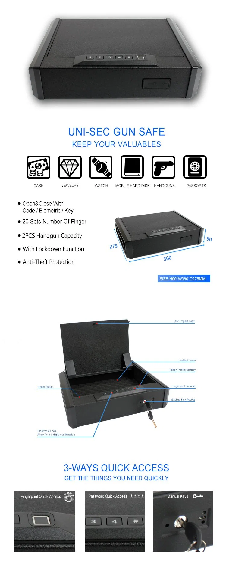 Realistic Lifesize Security Electronic Digital Portable Mini Pistol Safe Box Factory From China (USPS-9036F)