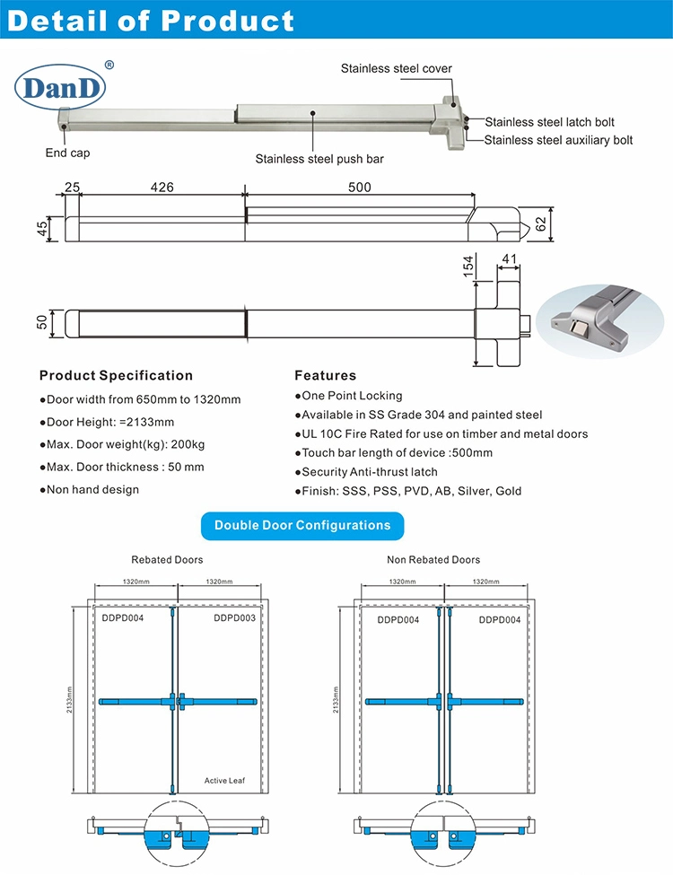 ANSI UL Listed Panic Lock Bar Stainless Steel Fire Rated Lock Half Length Rod Commercial Push Bar Panic Door Lock Exit Rim Hardware Panic Exit Device Bar