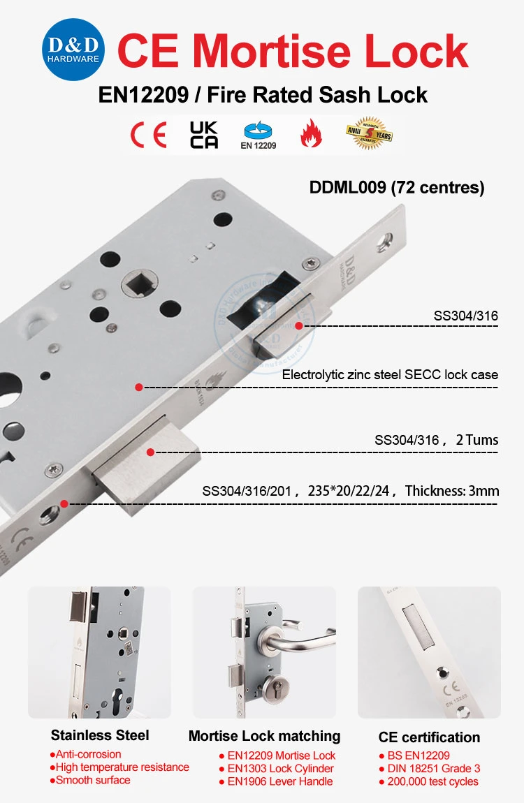 Euro Fire Rated Stainless Steel CE Outside Mortise Handle Lock Metal Sash Deadbolt Safety Security Internal Commercial Cylinder Lockset Mortice Front Door Lock
