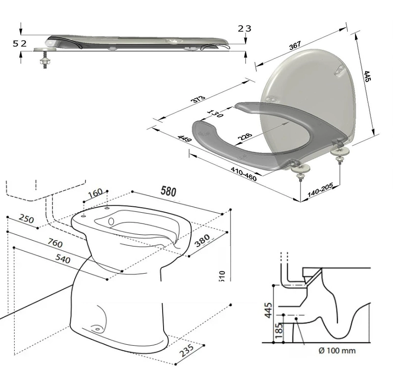 Ortonbath Open Toilet Accessories for Handicapped Ceramic Toilet Disabled Patient Hospital Handicap Wc Bowl/Bidet Wall Outlet