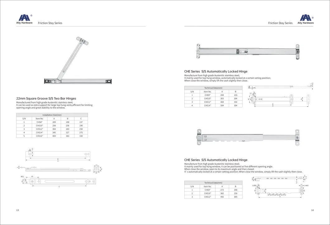 Heavy Duty 22mm Projecting Arm Stainless Steel Casement Window Hinge Friction Stay