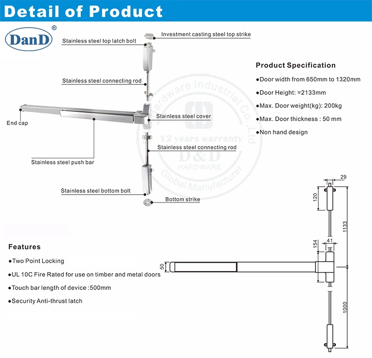 ANSI UL SS304 Fire Resistance Emergency Exit Door Push Bar