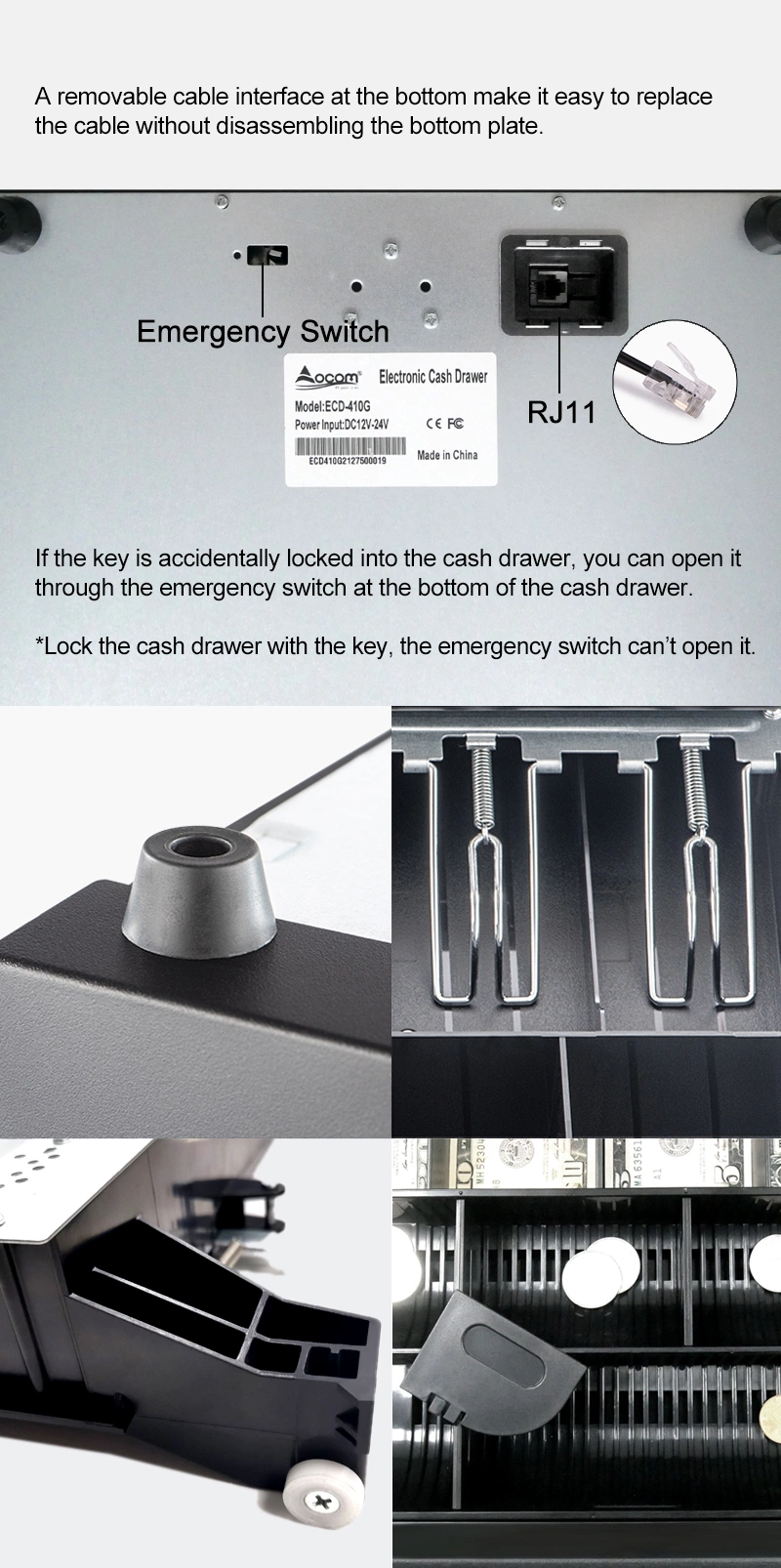 Mini Safety Lock Rj11 Electric Cash Drawer Lock POS Mini Cash Box 410mm