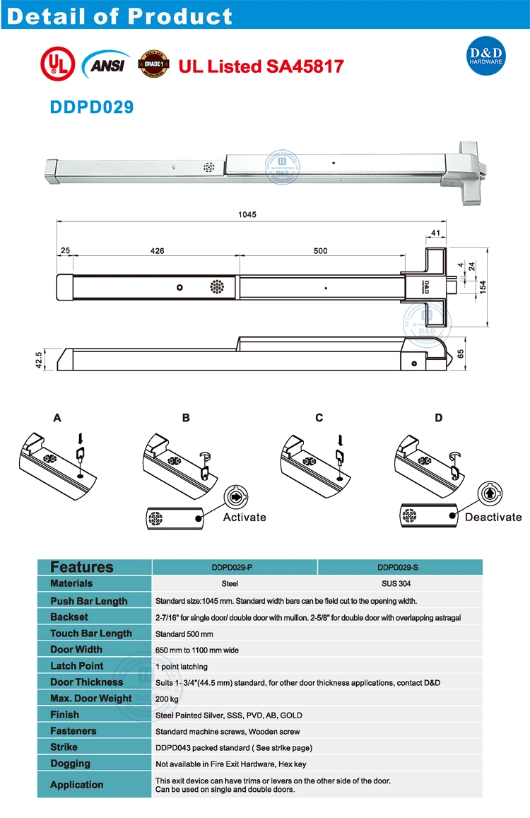 SUS304 UL Security Rim Door Lock Panic Bar with Alarm