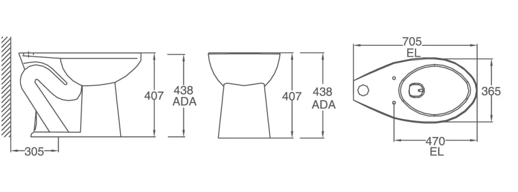 Commercial Elongated Rear Outlet Ada Cupc Top Spud S P Trap Wall Hung Floor Mount 1.28gpf 2.8L Toilet Bowl