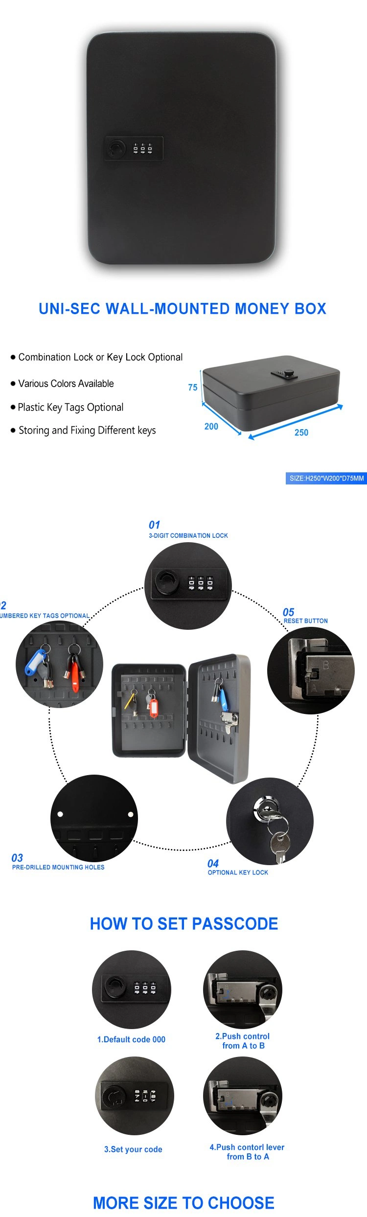 Uni-Sec Hot Popular Storage Lock Box Password Key Safe Box Wall Mounted Combination Key Outdoor Supplier in China (KC-48C)