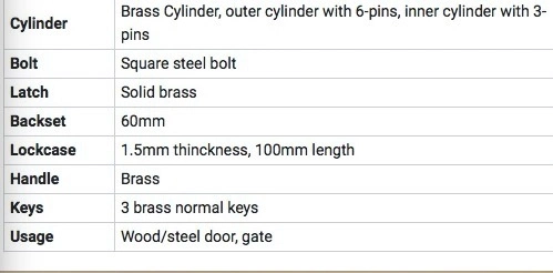 Deadbolt Brass Key Security Gate Cylinder Door Safe Rim Lock