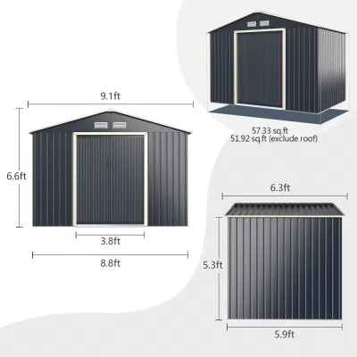 9,1 X 6,6 PIES Metal Storage Garden Tool shed con puertas deslizantes con doble cierre