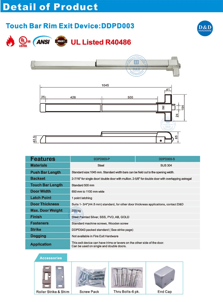 ANSI UL Listed Panic Lock Bar Stainless Steel Fire Rated Hardware Lock Length Rod Commercial Panic Exit Device Door Lock Fire Exit Rim Hardware Push Panic Bar