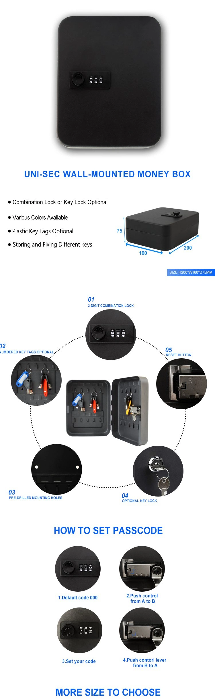 Uni-Sec Best Price Secure External Key Box Wall Mounted Key Storage Safe Hanging Box for Key (KC-20C)