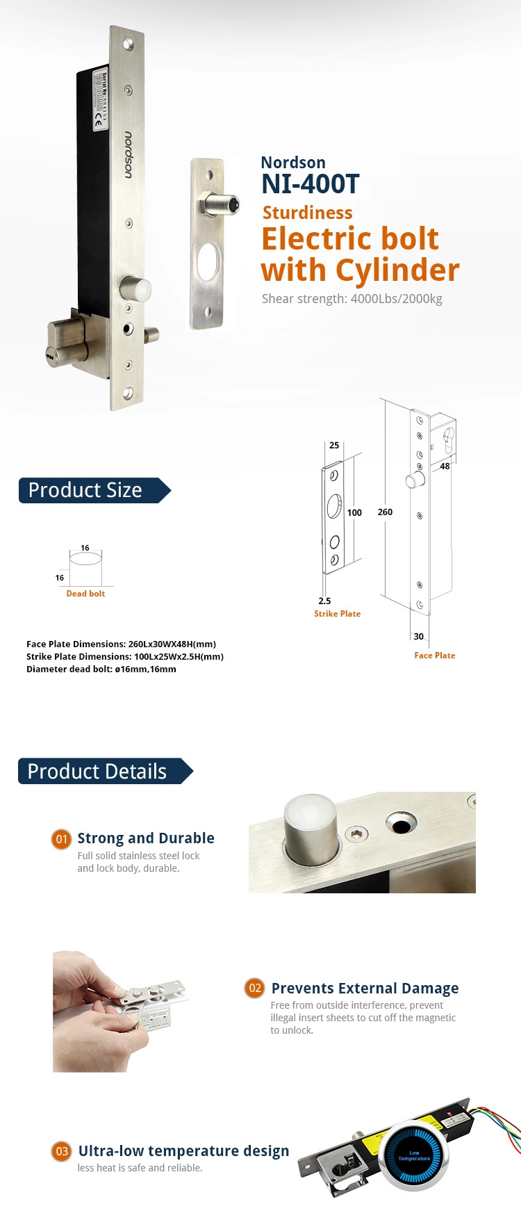 2000kg/4000lbs Fail-Secure Sturdiness Electric Bolt Door Lock with Mechanical Key